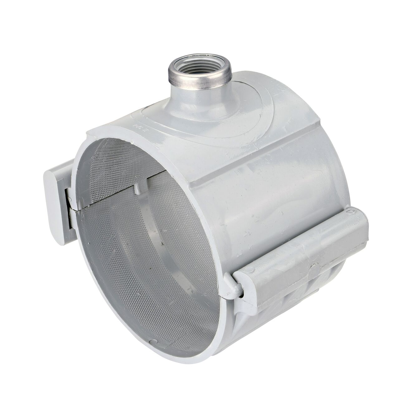 The NDS Clamp-It™ Rigid PVC Saddle with 1 in. FPT connection on top (NDS 446010) for 6 in. PVC pipe has a patented wedge design on one side and hinge on the other to install a sprinkler irrigation system to existing pipe without any bolts