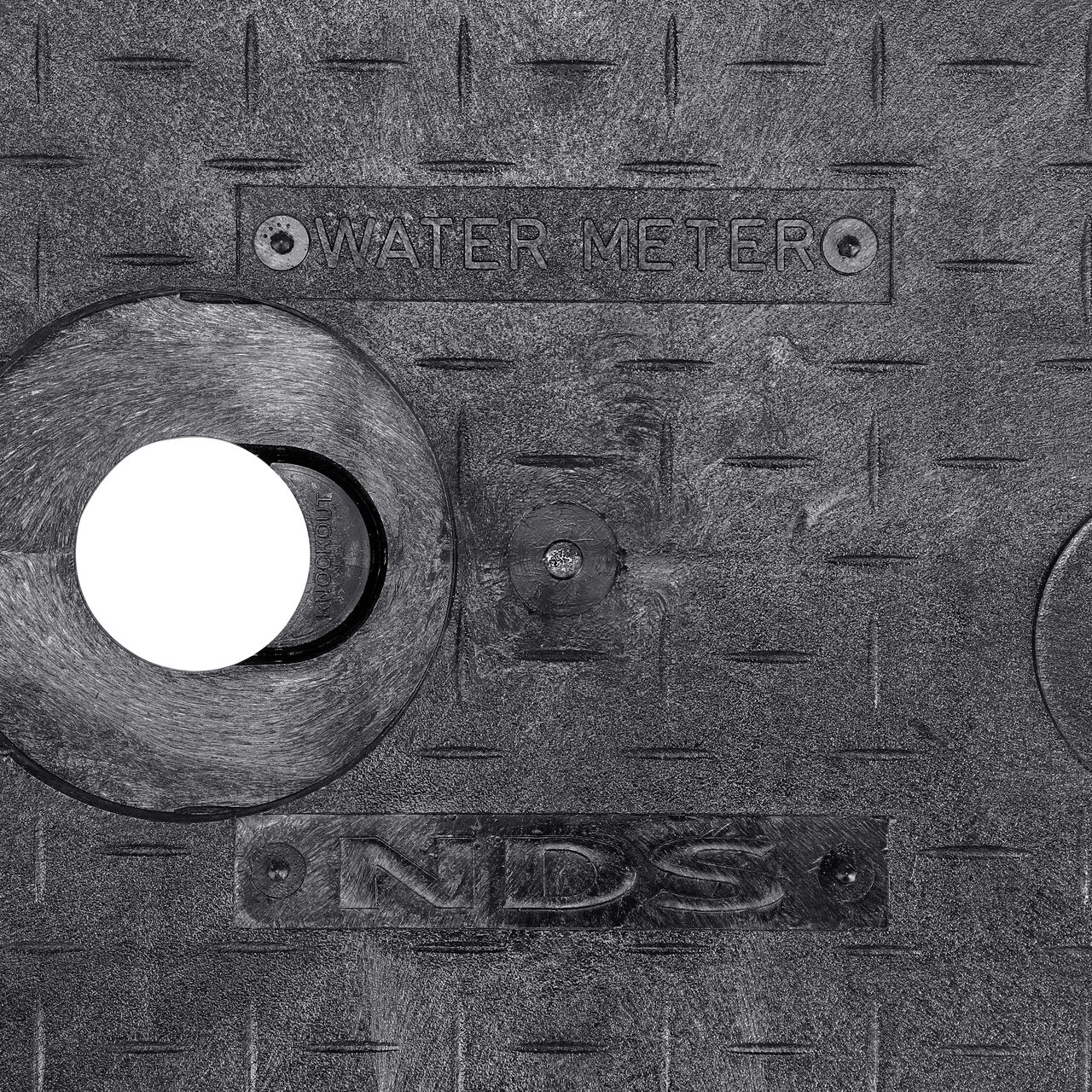 Closeup view of the Water Meter markings on the NDS 14 in. X 19 in. Rectangular AMR Meter Cover (NDS D12AMR-OLLOCTRL)