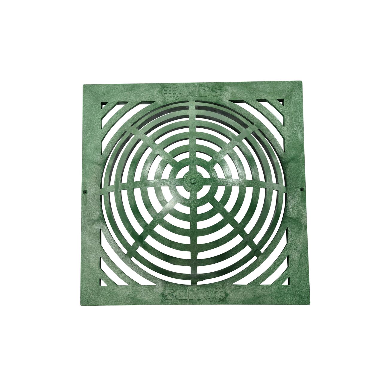 Alternate top down view of 18 in. Square Atrium Catch Basin Drain Grate, Green Plastic (NDS 1891)