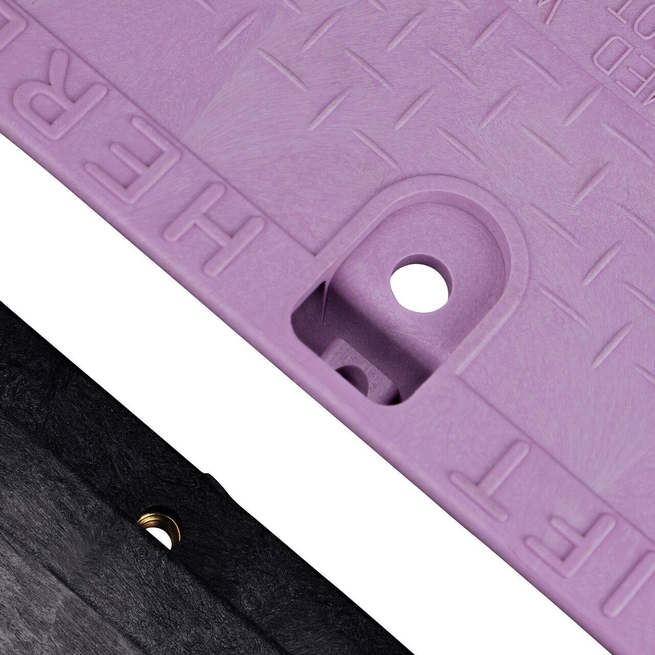 Align the bolt hole on the lid with the bolt hole from the NDS 13 in. X 20 in. Rectangular Standard Series Black Tapered Extension Box and Purple Reclaimed Water Cover (NDS 119TBCR) for a secure fit