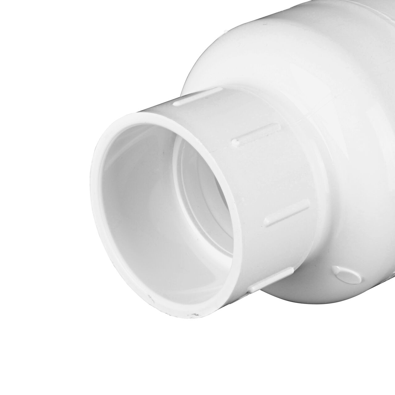 Closeup of the non-sloped end of the slip NDS White 2 in. slip end by slip end PVC Spring Check Valve (NDS 1011-20, NDS 1012-20)