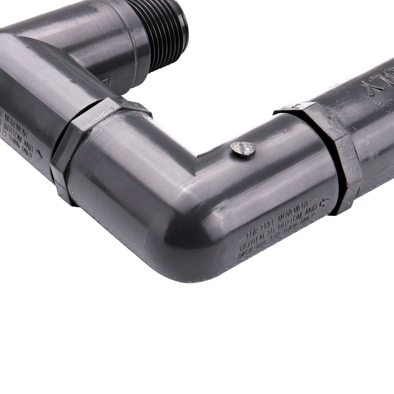 Closeup view of the NDS PVC Triple Swing Joints Assembly, Sch. 80 3/4 in. MPT showing the flow direction and sprinkler can easily be repositioned after installation if needed (NDS TSA-0750-TT)