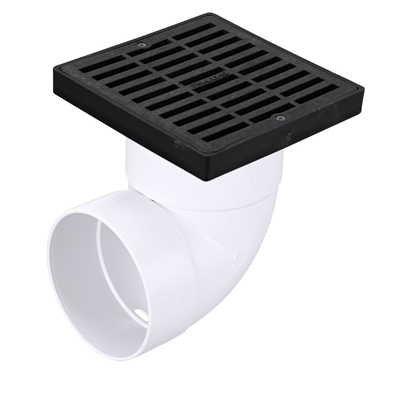 NDS 6 in. Square Grate with Low-Profile Adapter installed on 4 in. Sewer and Drain Fitting, or Elbow (NDS 640*, NDS 640)