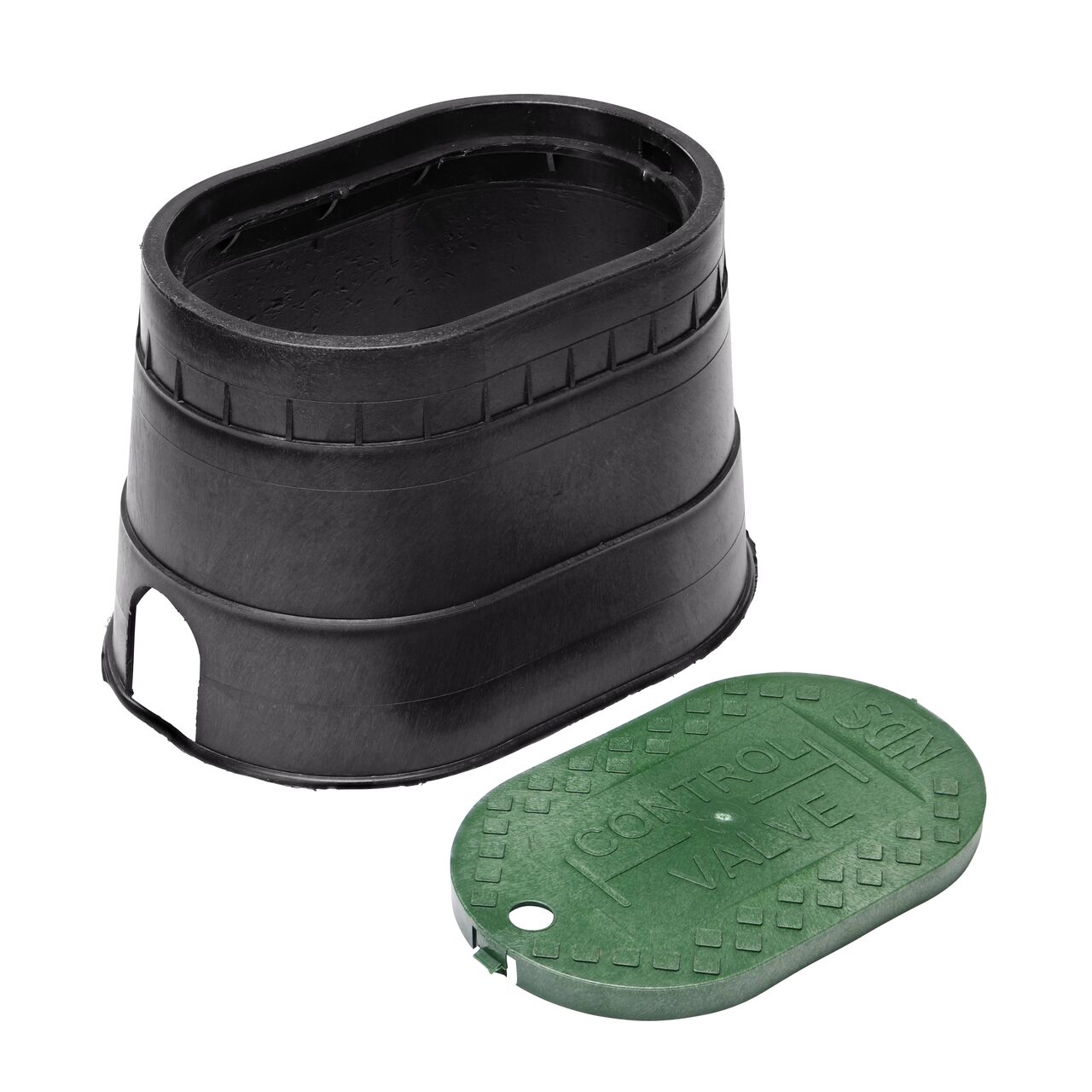 Unassembled View of the NDS 8 in. X 12 in. Black Oval Standard Series valve box and Green Control Valve Drop-in cover (NDS M2-SG)
