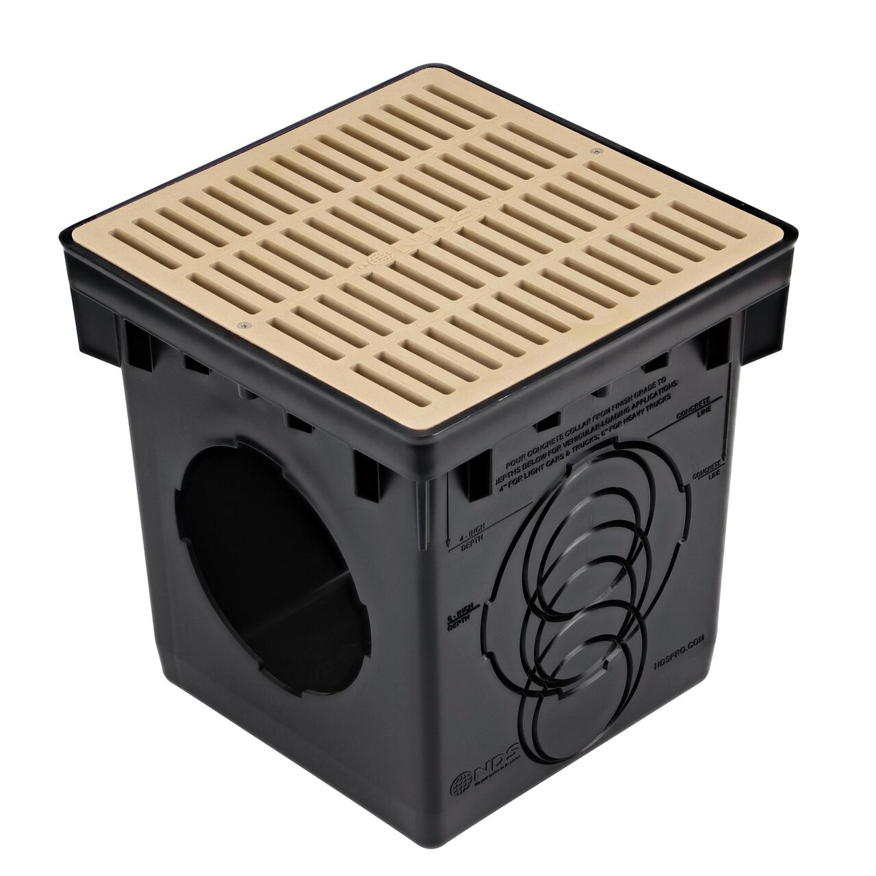 The NDS 12 in. Square Catch Basin Drain Grate, Sand Plastic (NDS 1212S) fits on a NDS 12 in. Square Catch Basin (NDS 1200)