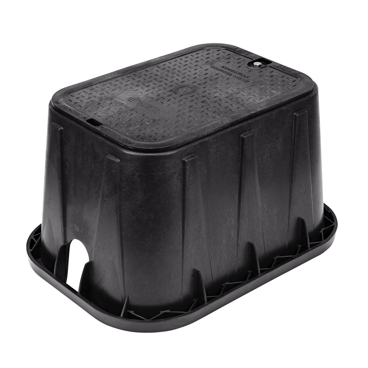 The NDS 14 in. x 19 in. Rectangular Pro-Spec® Series Valve Box and Cover with Bolt is a 12 in. high Black Box and Irrigation Control Valve Cover with Irrigation Control Valve markings on the overlapping lid (NDS 313BCBBLK) and protects underground irrigation and sprinkler system components and keeps them out of sight