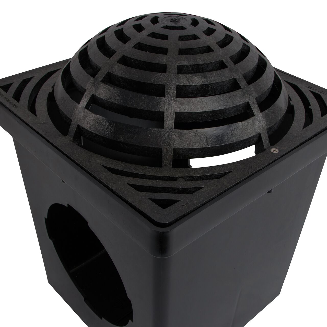 Closeup view of the Black 12 in. Square Atrium Catch Basin Drain Grate (NDS 1280) installed on a black plastic 12 in. Catch Basin Drain with 2 Openings (NDS 1200*); retail