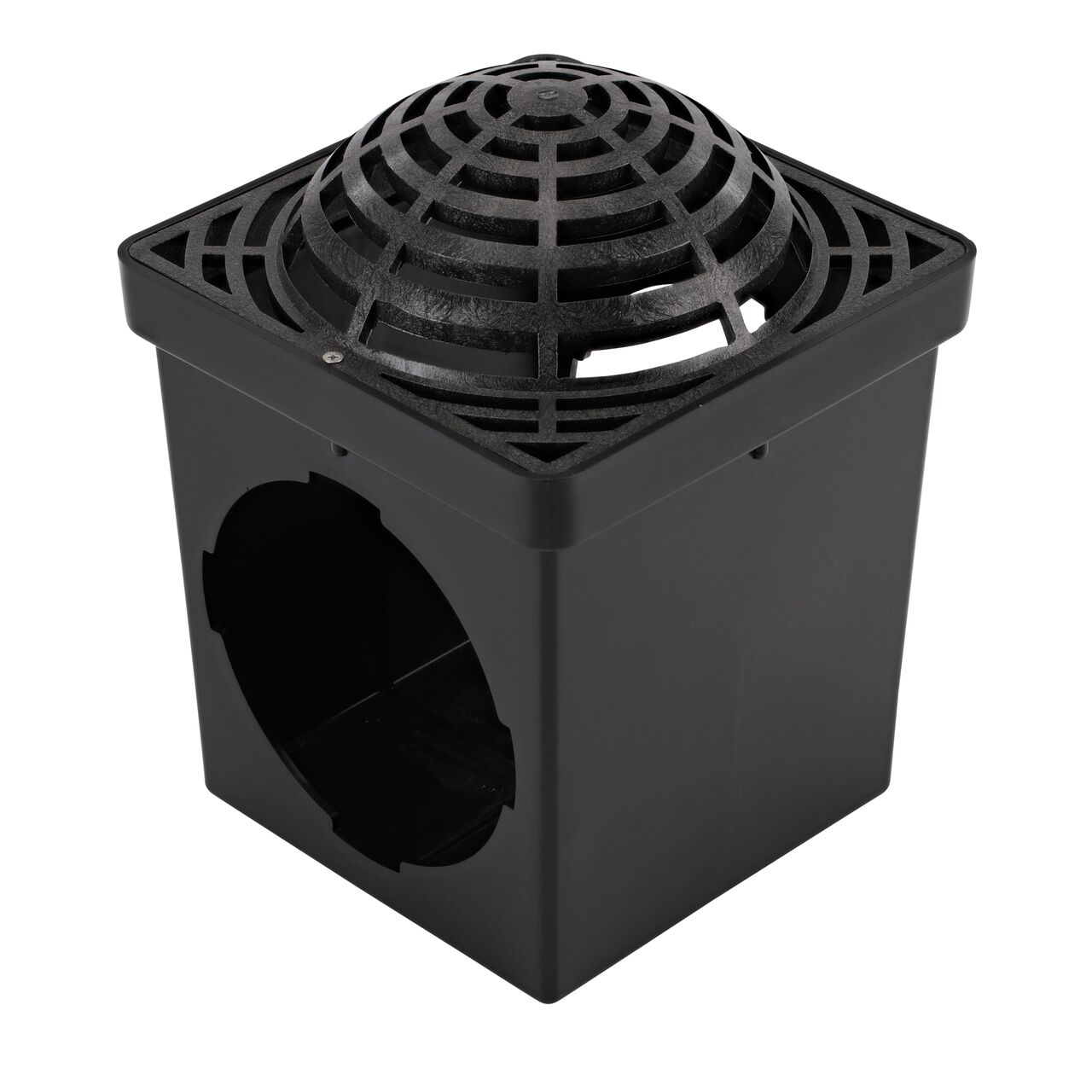 Black Plastic Atrium 9 in. Square Catch Basin Drain Grate (NDS 981) installed on a black plastic 9 in. Catch Basin Drain with 2 Openings (NDS 900*); retail