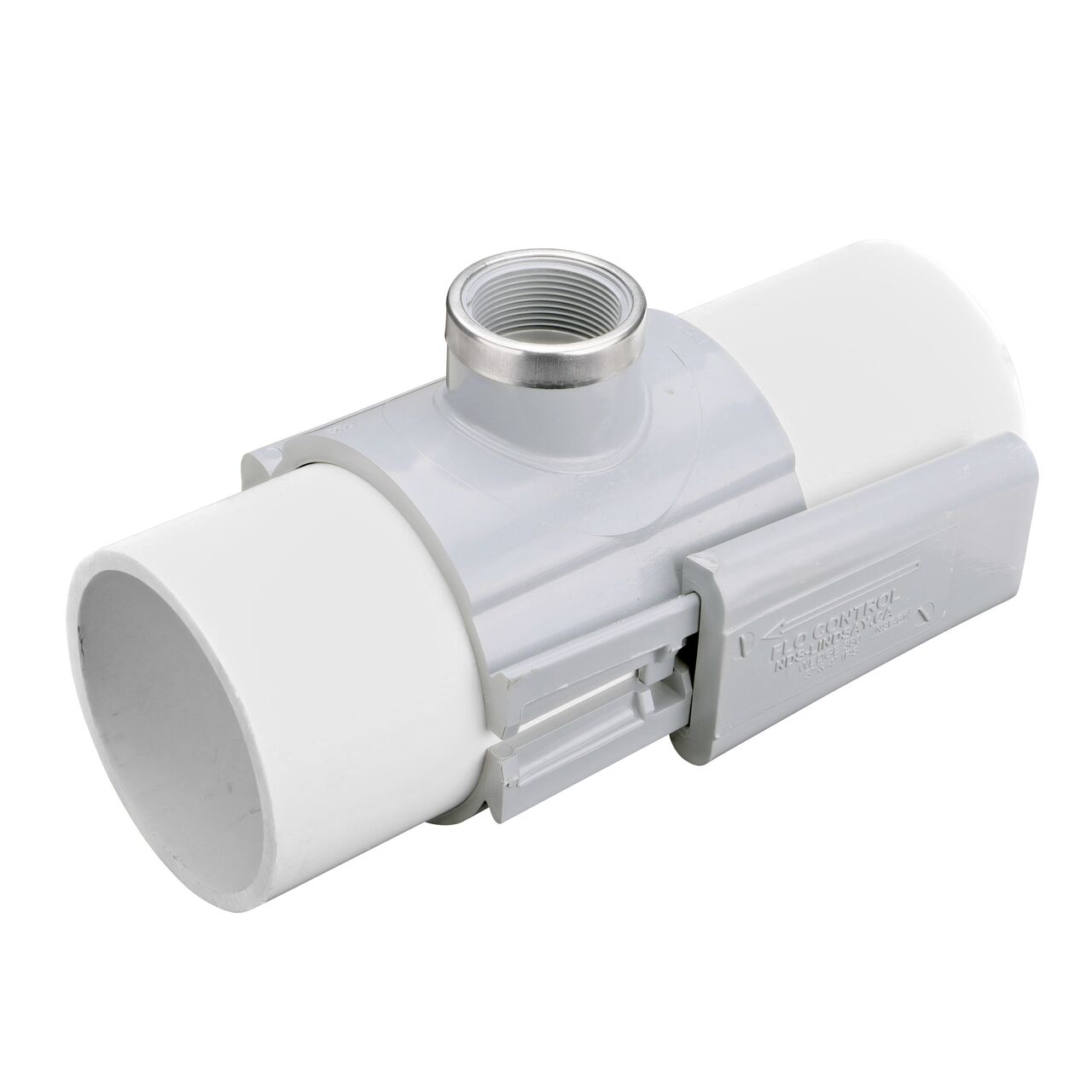 The NDS Clamp-It™ Rigid PVC Saddle with 1-1/2 in. FPT connection on top (NDS 444015) installed onto 4 in. PVC pipe with the wedge closure half-way secure