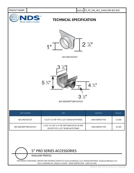 NDS 5 in. Pro Series™ Channel Drain End Cap/Outlet Shallow Profile Tech Spec