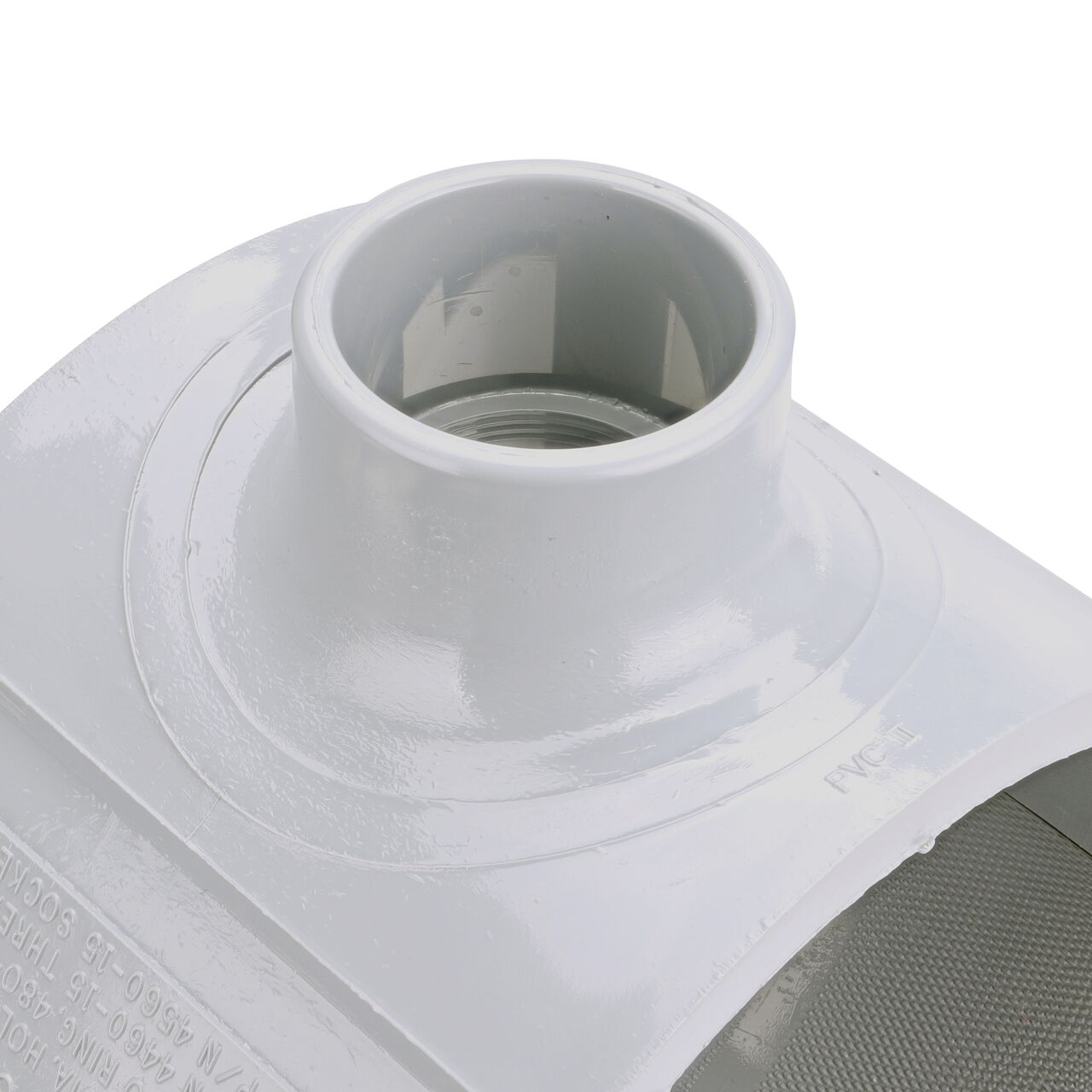 Closeup of the 2 in. slip connection on the NDS Clamp-It™ Rigid PVC Saddle (NDS 456020) for 6 in. PVC pipe
