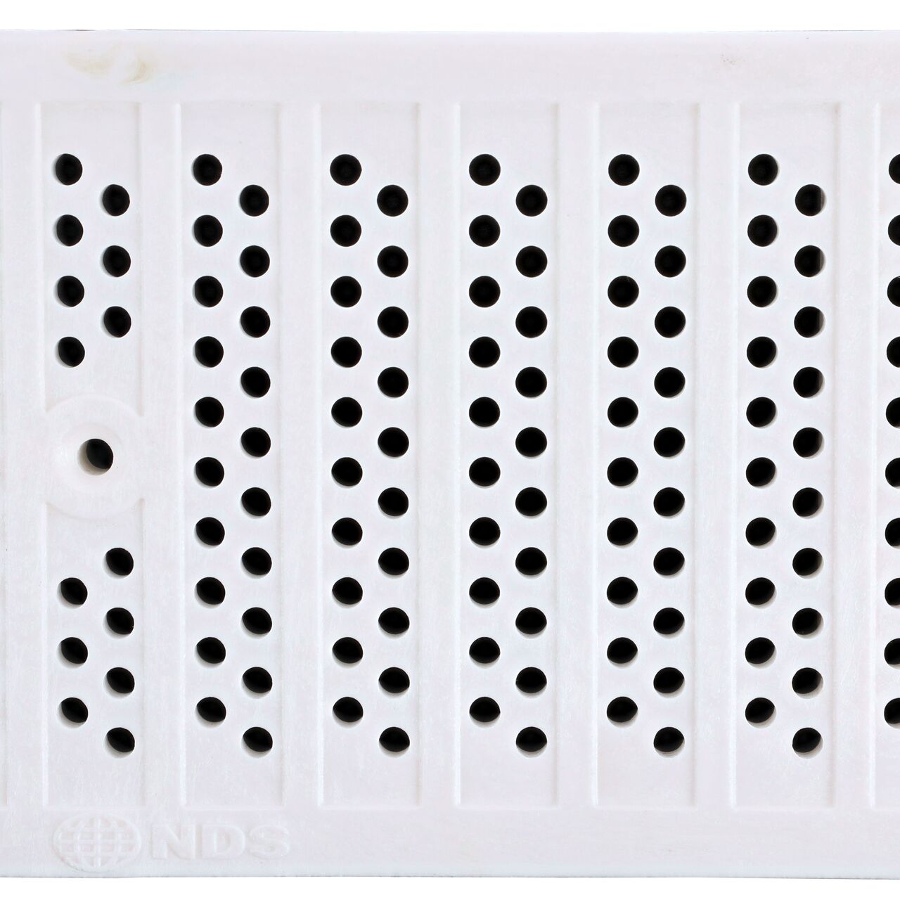 Top Down View of the White Plastic Perforated Dura Slope™ Channel Drain Grate (NDS DS-671) perforated design