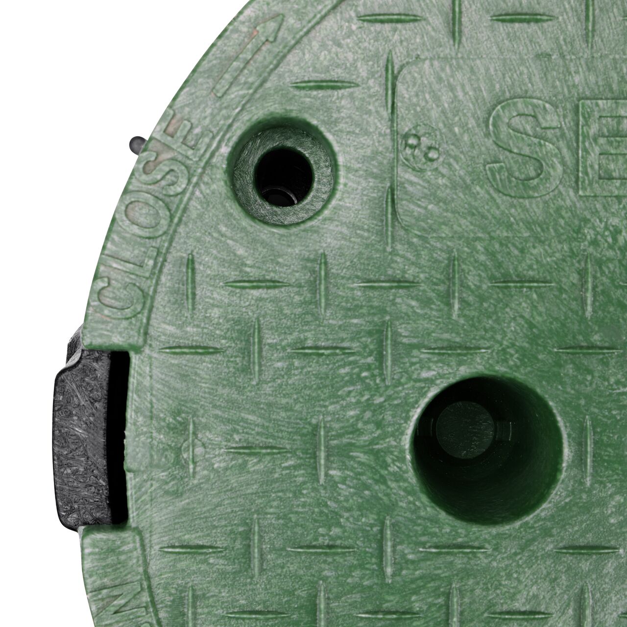 Closeup view of the Black box and Green cover fully assembled, showing locking tabs, bolt hole connection point and reinforced edges on the side of the NDS 10 in. Round Pro-Spec® Series Box (NDS 311BCS)