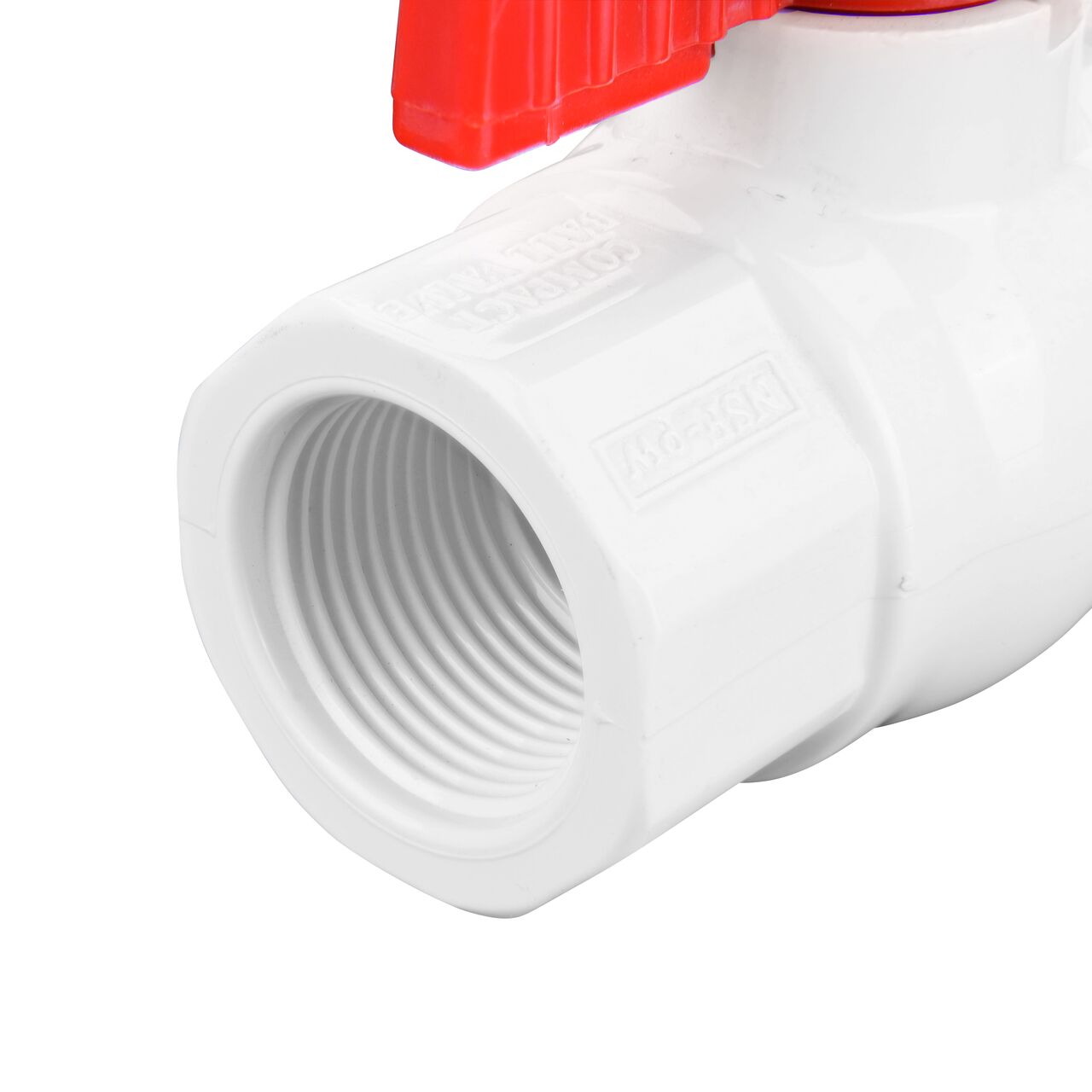 Closeup of the NDS IPS Ball Valve showing the stem that is made of durable PVC material (NDS E1420-07)