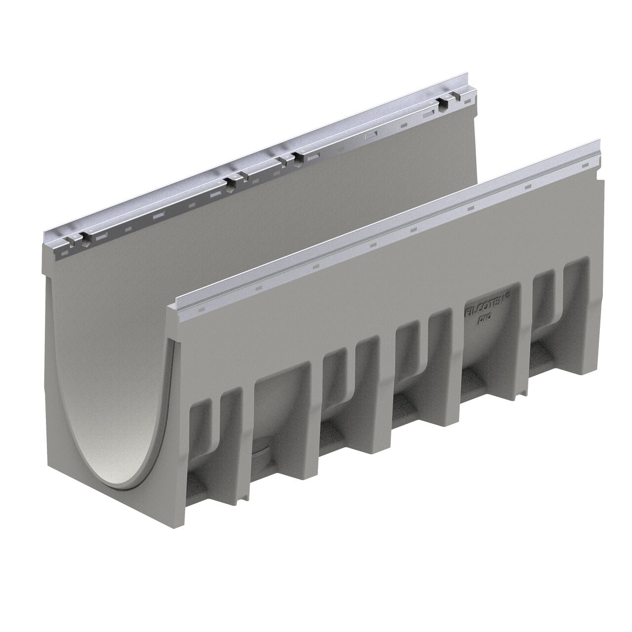 The female interlocking end of the Constant Depth Channel 20-0 BG-FILCOTEN® by NDS® pro V 300 Trench Channel Drain with Galvanized Steel Rails (NDS 10630264), an 12 in. wide trench drain with high-load capacity made of high-performance concrete (HPC)