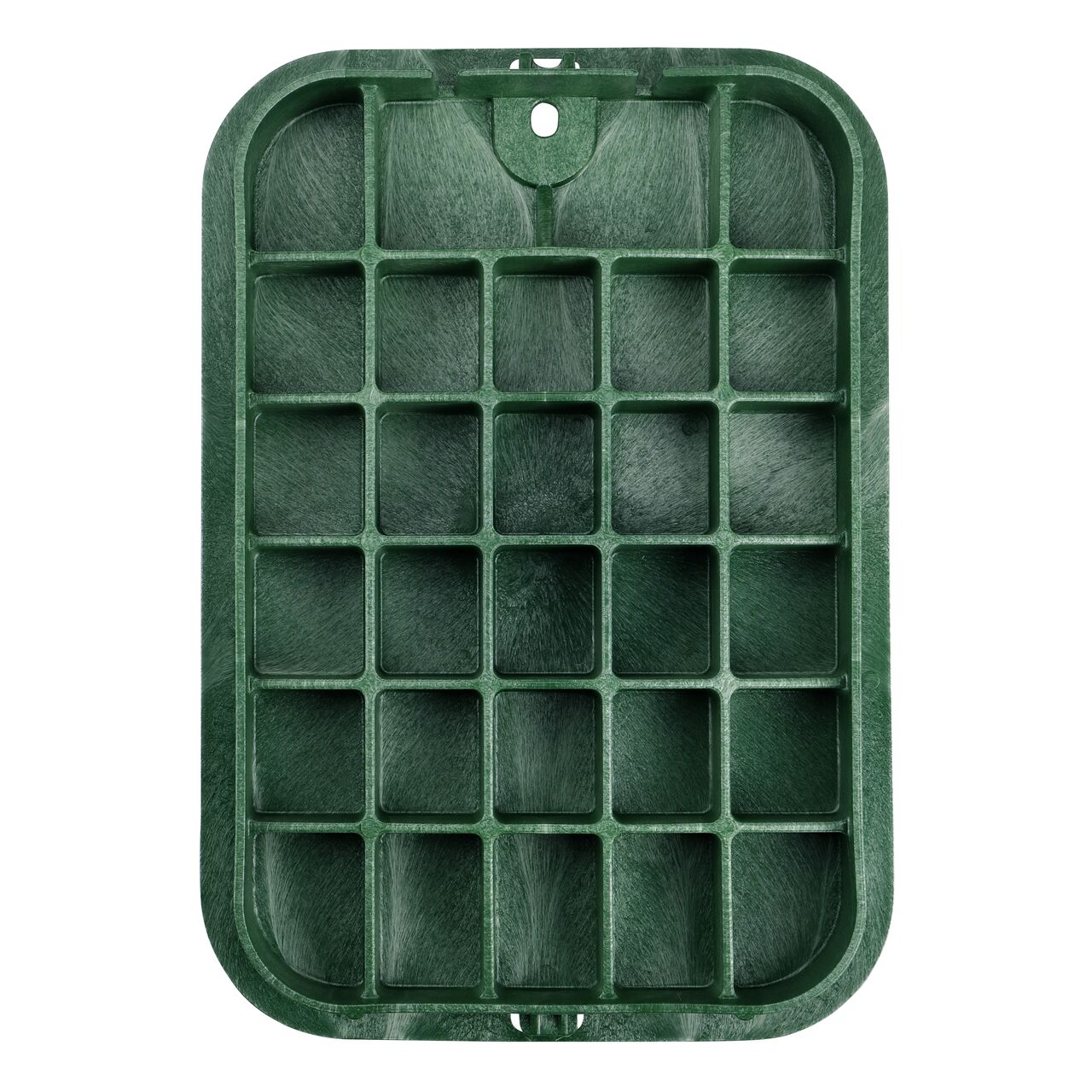 Top down view of the underside of the Green Sewer cover (NDS 314CS) for the NDS 14 in. X 19 in. Rectangular Pro-Spec® Series valve box showing reinforcing ribs that help support pedestrian and lawn care equipment