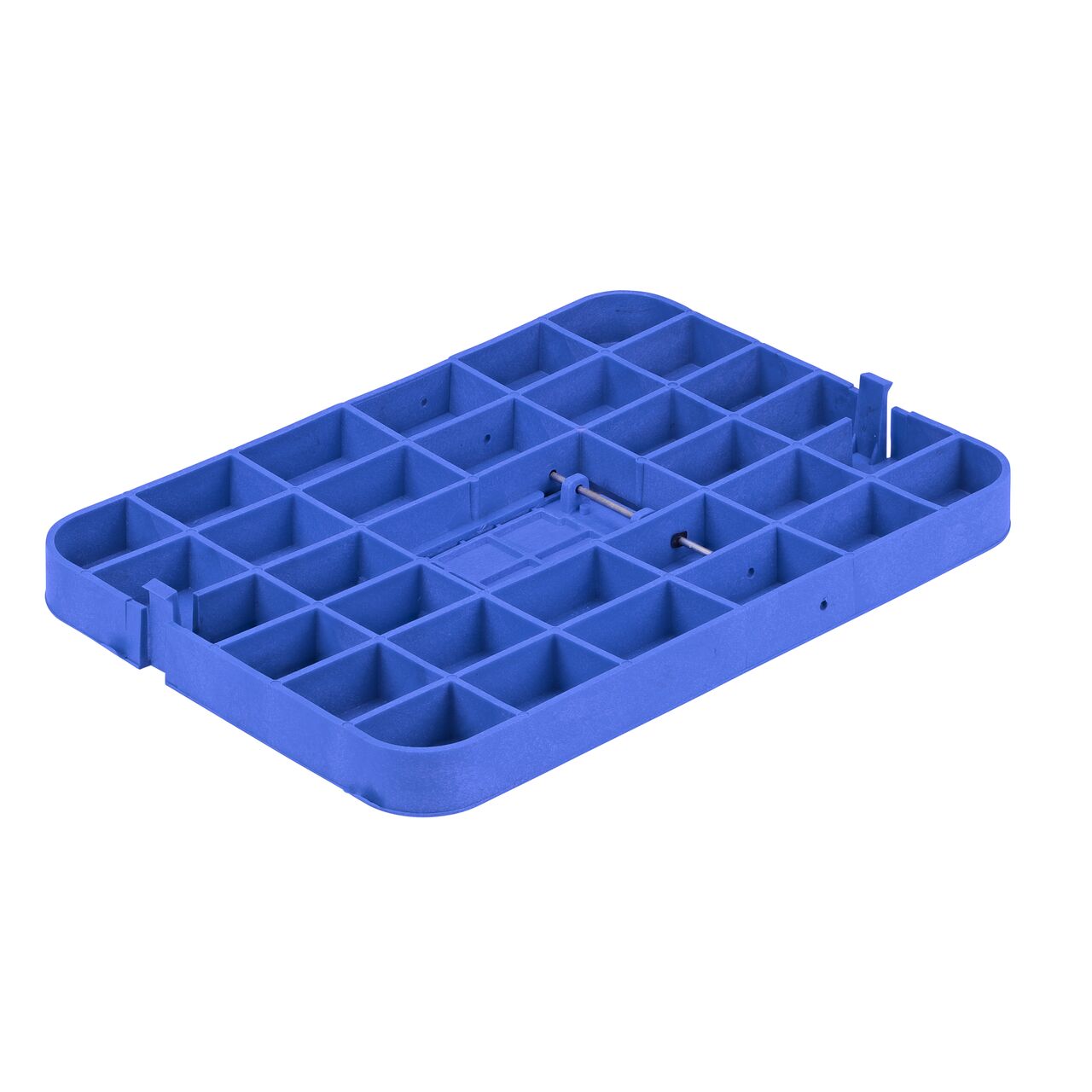 Bottom view of the reinforced ribs and Plastic reader door on the NDS 13 in. X 20 in. Blue Water Meter Drop-in cover (NDS D1500-DIRBLU) that fits the NDS 13 in. X 20 in. Standard Series Meter Box