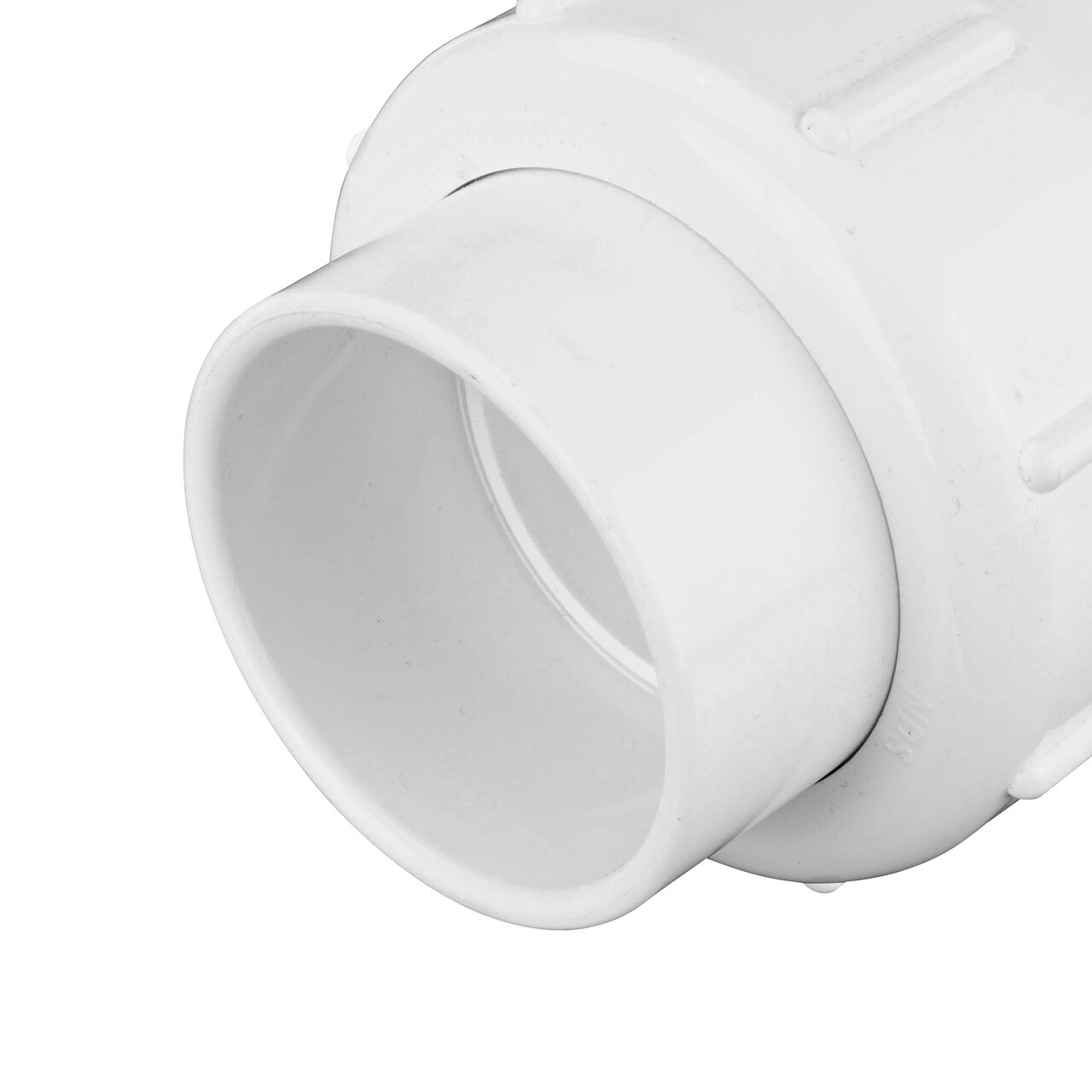 Closeup of the union inlet end of the NDS White 2 in. IPS U X S Checkmate PVC Swing Check and Ball Valve Combination (NDS 2200-20)