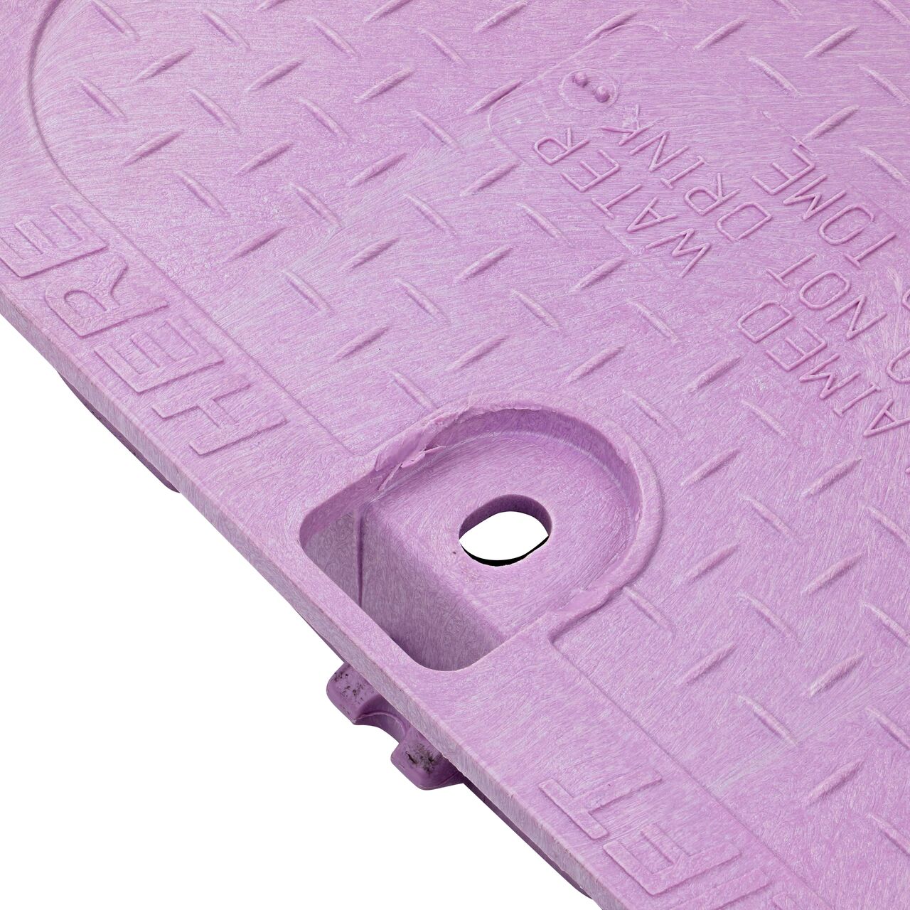 Closeup view of the locking mechanism and bolt hole on the reclaimed water cover (NDS 313CR) for the NDS 14 in. X 19 in. Rectangular Pro-Spec® Series Valve Box