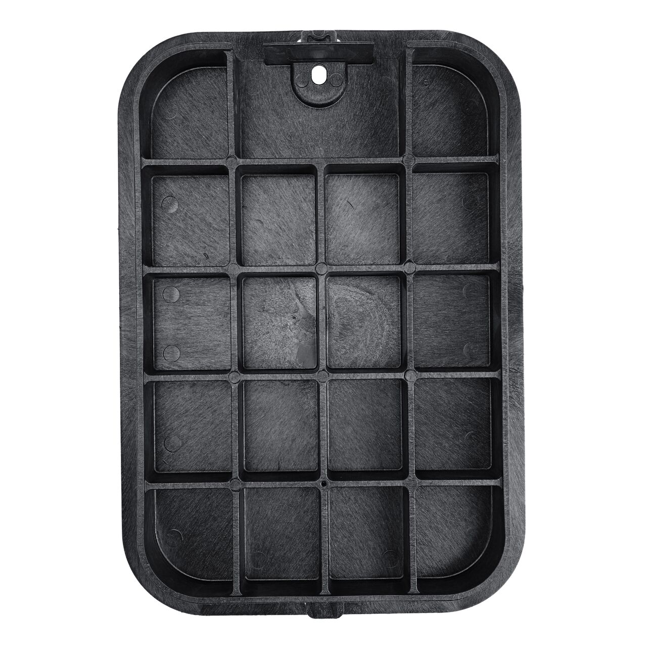 Top down view of the underside side of the Black Irrigation Control Valve cover (NDS 113BCBLK) for the NDS 14 X 19 Rectangular Standard Series valve box, showing reinforcing ribs that are load rated to withstand pedestrian traffic and the rigors of lawn care equipment
