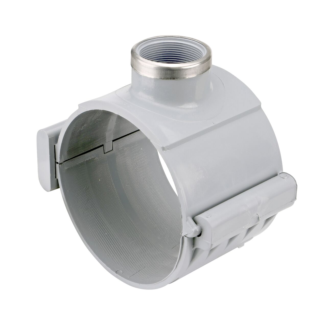 The NDS Clamp-It™ Rigid PVC Saddle with 2 in. FPT connection on top (NDS 446020) for 6 in. PVC pipe has a patented wedge design on one side and hinge on the other to install a sprinkler irrigation system to existing pipe without any bolts