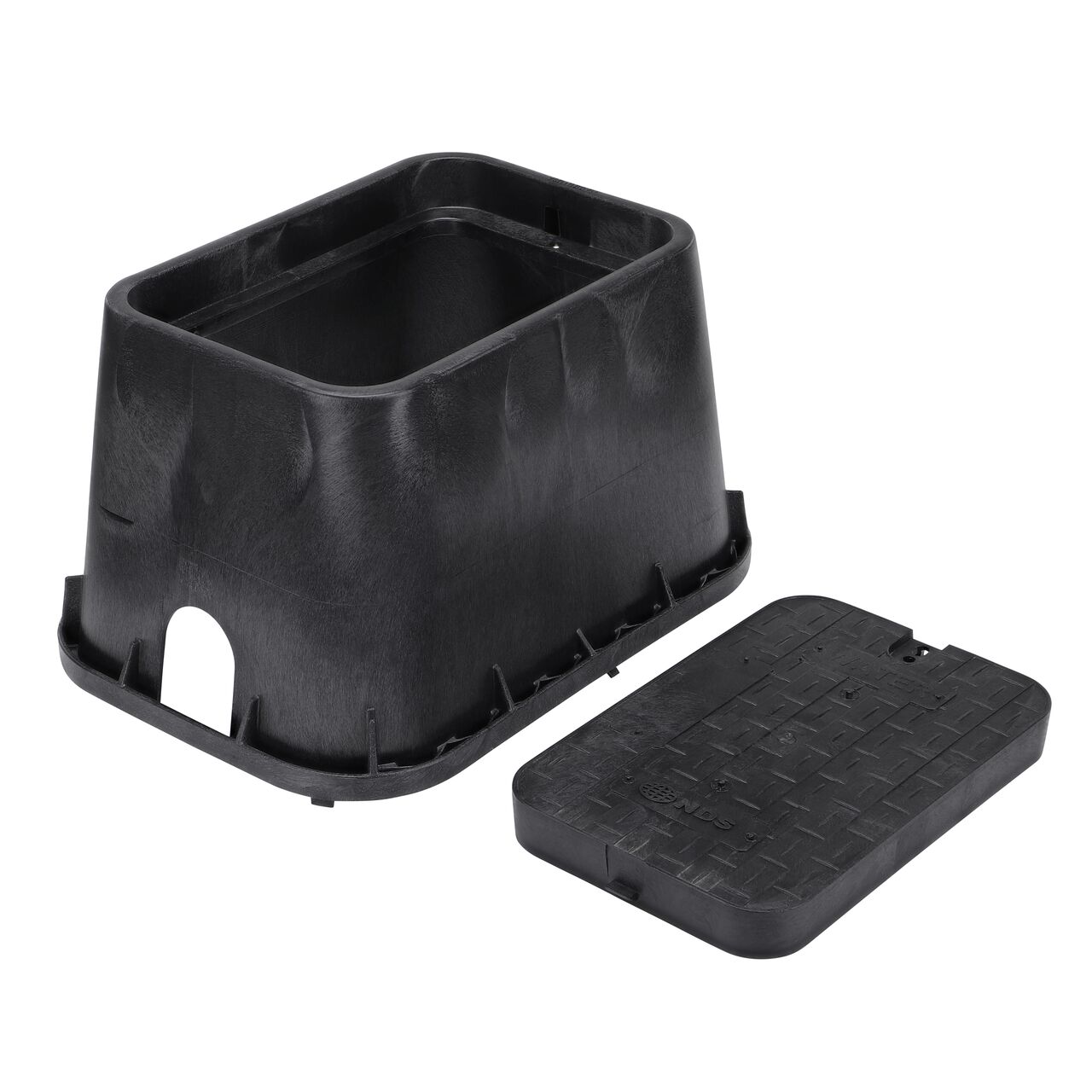 Unassembled View of the NDS 14 in. X 19 in. Black Rectangular Standard Series valve box and Black Water drop-in cover (NDS 113BCDW)