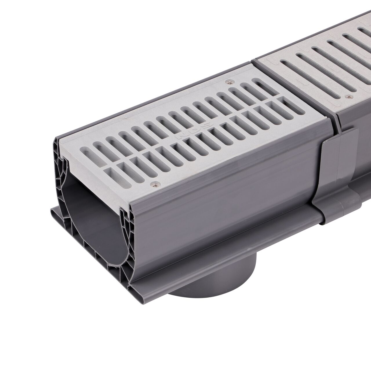 The Spee-D® Channel Drain Bottom Outlet Assembly can attach to any Spee-D® Channel Drain on either end using the Spee-D® Channel Drain Coupling (NDS 2351, NDS 248)