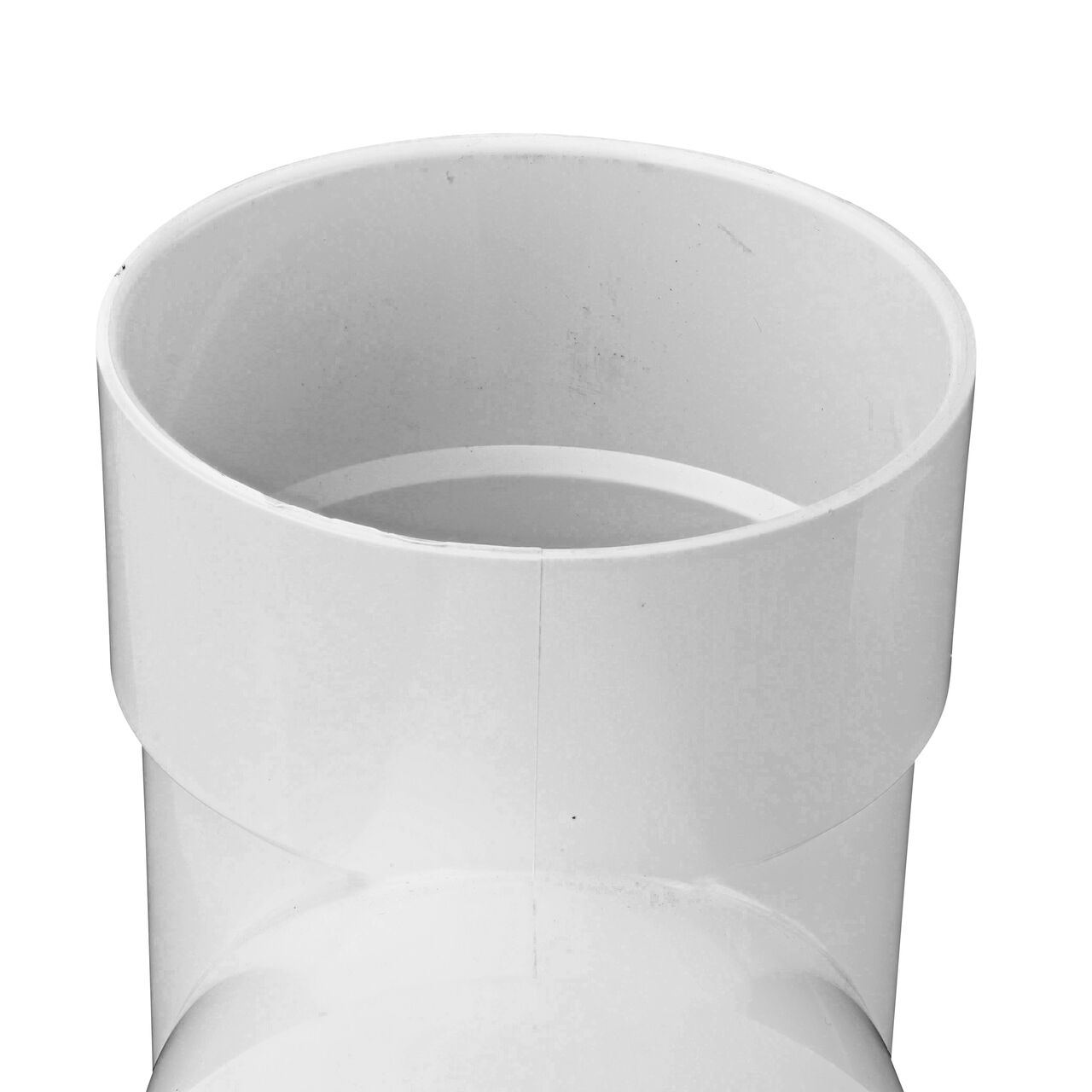 Closeup of one end connection point on the NDS PVC sanitary tee for 3 inch sewer and drain pipes (NDS 3P09)