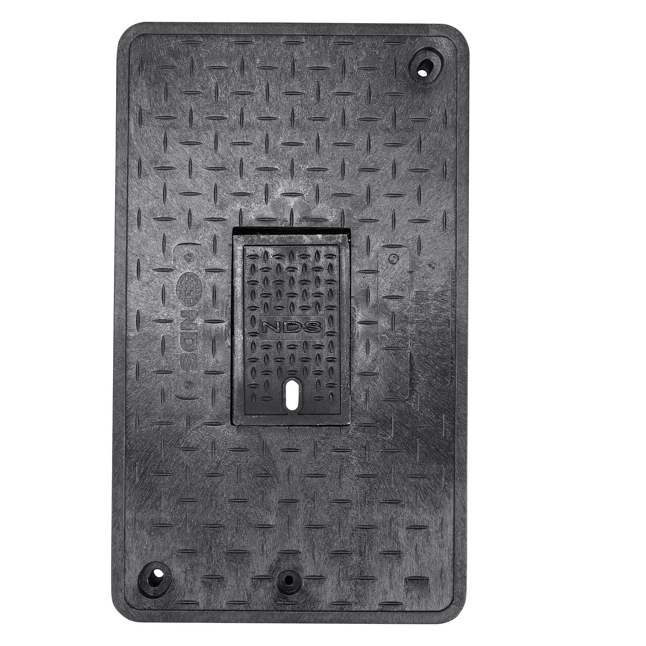 Top down view of the top side of the Black Water Meter Drop-in cover (NDS 121CDMCIF) with Cast Iron reader door for the NDS 13 in. X 24 in. Rectangular Standard Series