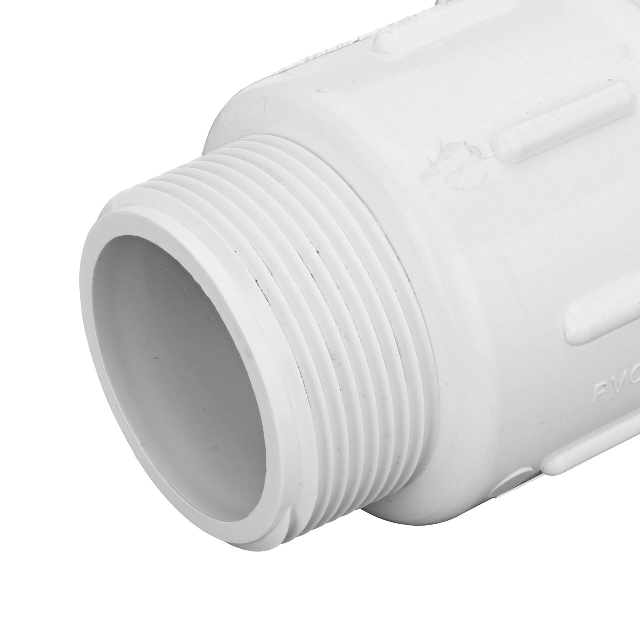 Closeup view of the PVC Compression Adapter, 1-1/2 in. IPS UC X 1-1/2 in. IPS MPT socket end showing adjustable nut removed and once installed provide a leak-resistant connection between two pipes (NDS CPA-1500