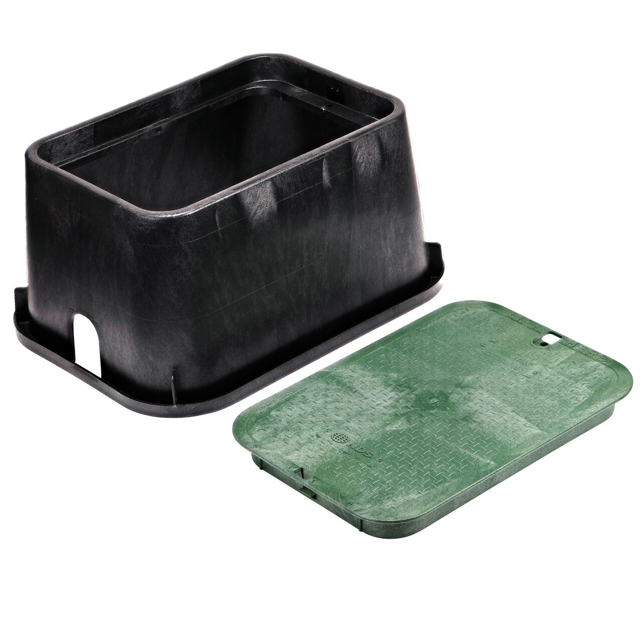 Unassembled View of the 13 in. X 20 in. Rectangular Jumbo Valve Box and Cover is a black box and green ICV Cover (NDS 117BC)