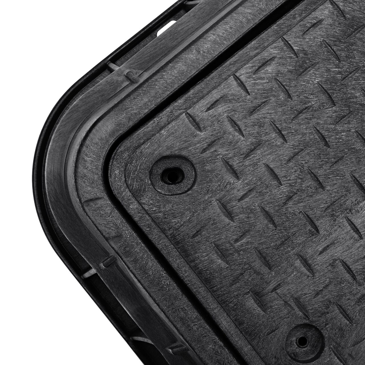 Closeup view of the Black box and Black cover fully assembled, showing locking tabs, bolt hole connection point and reinforced edges on the side of the NDS 17 in. X 30 in. Round Pro-Spec® Series Box (NDS 326BCDBW)