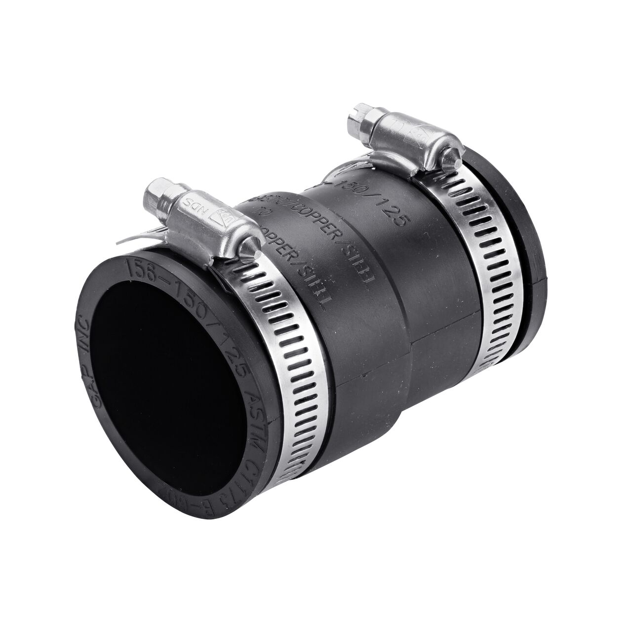The NDS 1-1/2 in. X 1-1/4 in. stainless steel flex coupling connects two cast iron/sewer and drain or DWV/copper/steel/lead pipes and includes clamps tighten to secure coupling onto pipe (NDS 56-150/125)