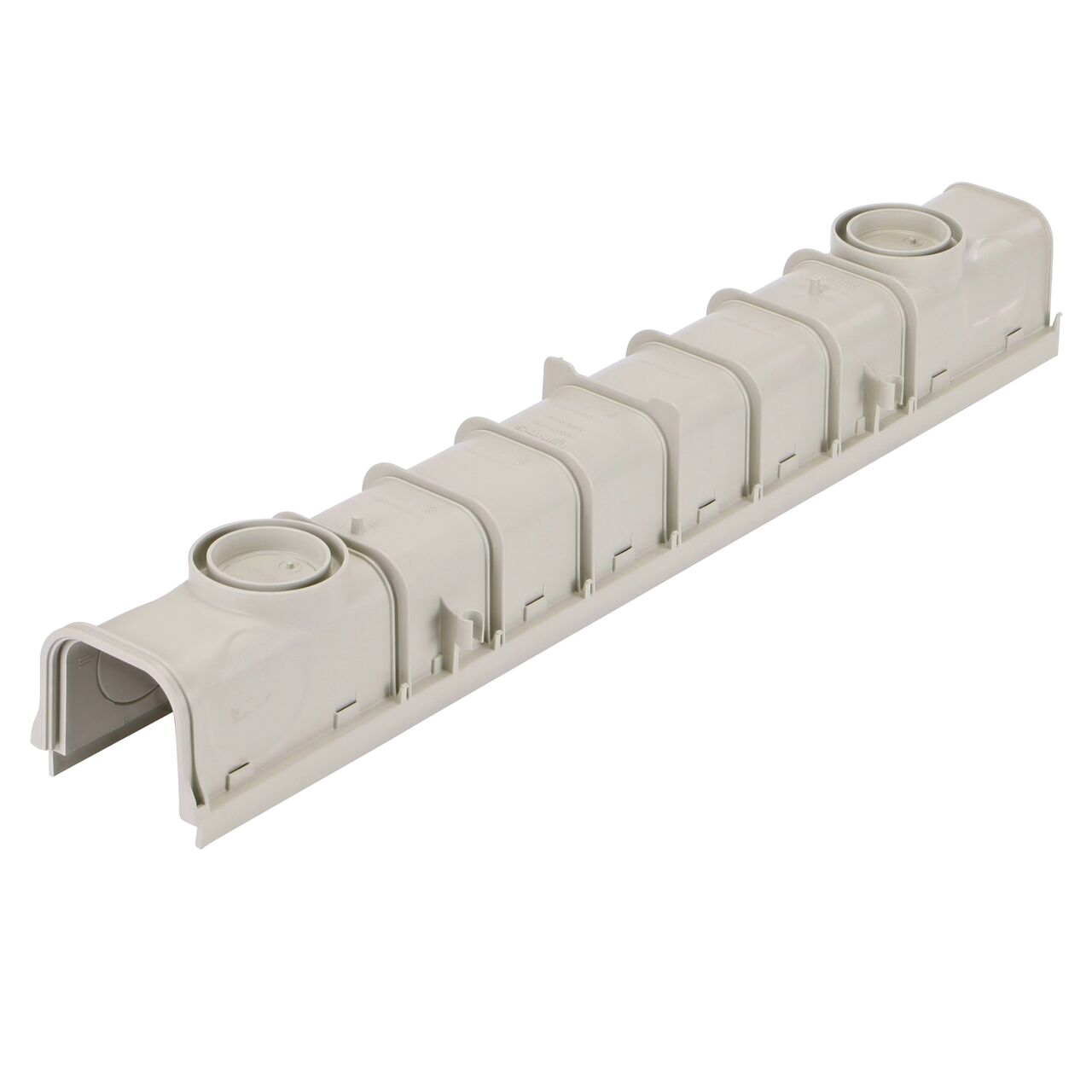 Bottom view of NDS  5 in. Pro Series Channel Drain featuring side ribs, stabilizing ribs, and built-in saw guide (NDS 864G*, NDS M864G, NDS 864GMTLRTL, NDS 864, NDS 800)