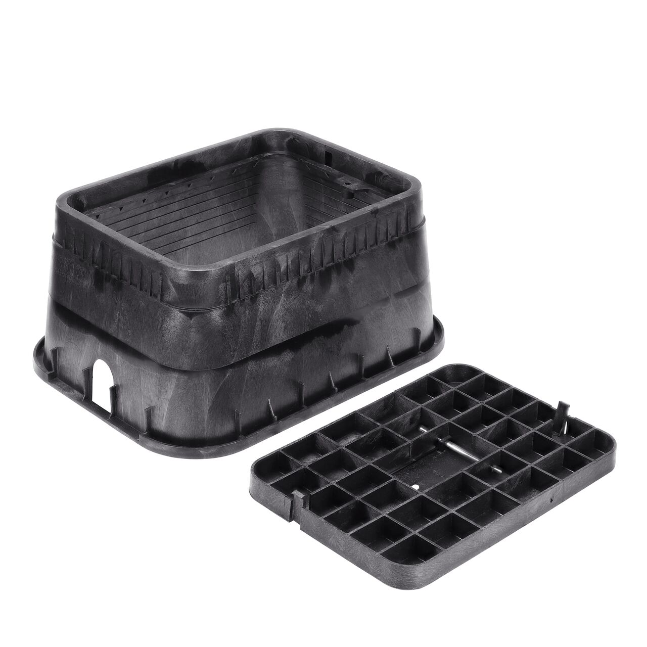 Unassembled View of the NDS 13 in. X 20 in. Rectangular Standard Series meter box and Black Water Meter Drop-in lid cover (NDS D1500-DICIR) with Cast Iron reader door