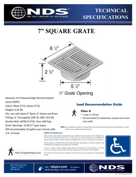NDS 7 in. Square Drainage Grates for Pipes & Fittings Tech Spec