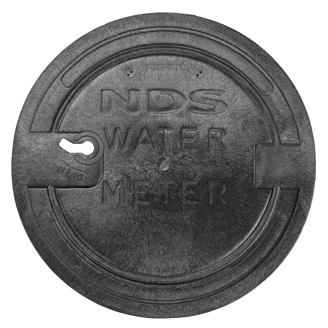 Top down view of the top side of the Black Water Meter Drop-in cover (NDS D2400-LOCSWBL) for the NDS 16 in. Round Standard Series Meter Pit Boxes