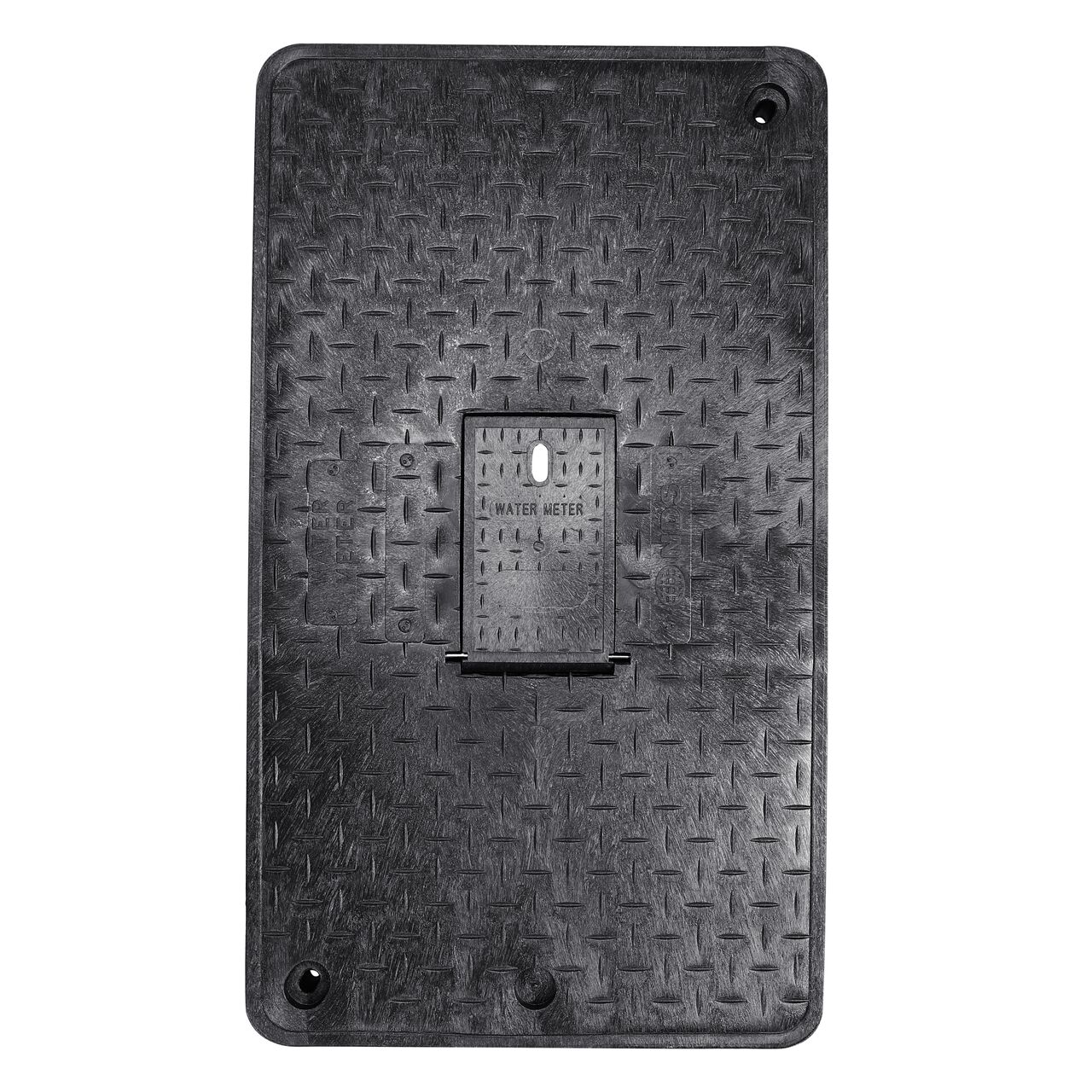 Top down view of the top side of the Black Water Meter cover for the NDS 17 in. X 30 in. Rectangular Standard Series Meter Box (NDS 126BCDMB) showing the Black Water Meter markings and Plastic reader door with Bolt