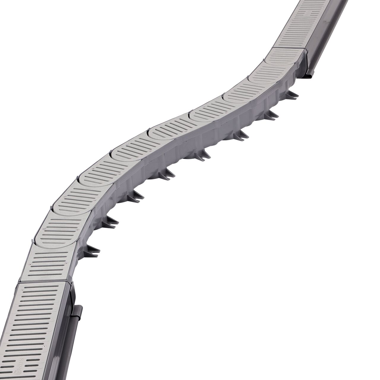 Build any curved shape up to a 9 degree angular motion in your hardscape channel drain system with the NDS Spee-D® Contour™ Channel Drain Middle Section and Gray Grate (NDS 400-ACSE-WH) and Spee-D® Contour™ Channel Drain Middle Section and Gray Grate (NDS 400-ACM-WH)
