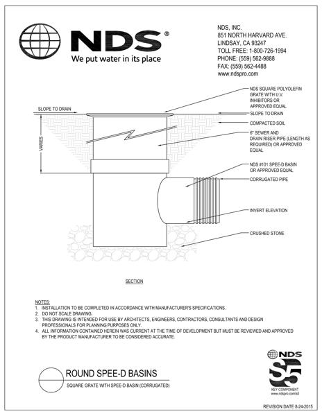 NDS Square Drainage Grates with 6 in. Round Spee-D® Catch Basins & Corrugated Pipe Installation Detail