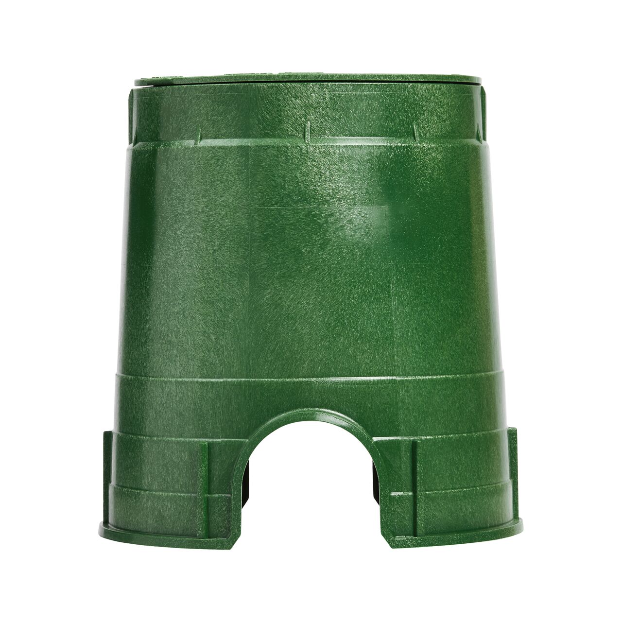 Side view of the pipe hole side on the NDS green plastic 6 in. Round Standard Series Valve Box (NDS 2108BC) showing both pipe holes available to connect valves to your irrigation system