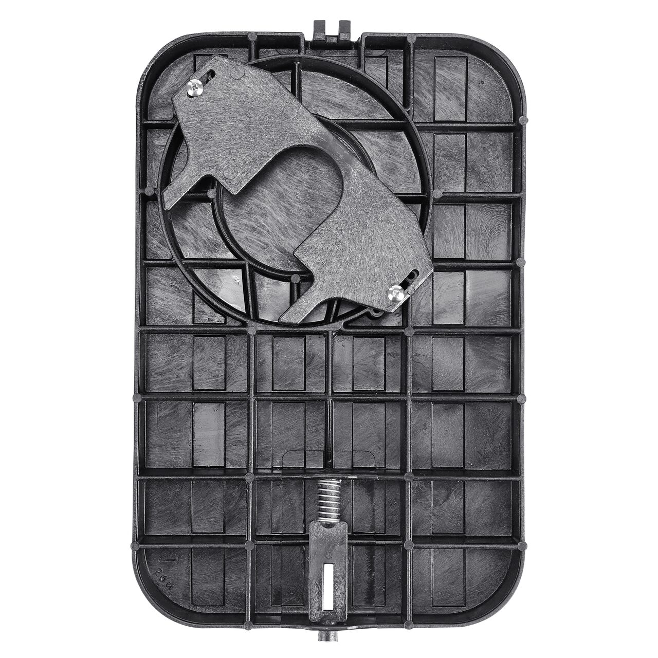 Top down view of the underside of the Black AMR Bottom Mount Water Meter cover (NDS D12-BAMRLWHS) for the NDS 14 in. X 19 in. Rectangular Standard Series meter box showing reinforcing ribs that help support pedestrian and lawn care equipment