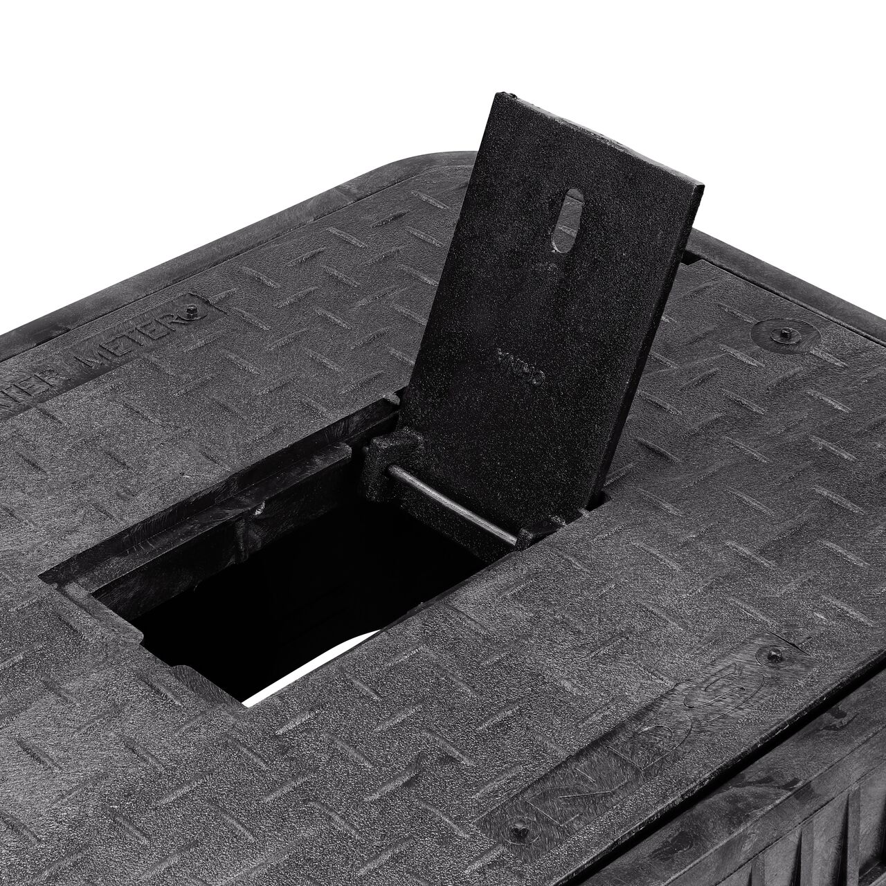 Closeup view of the Cast Iron reader door opened on the NDS 13 in. X 20 in. Rectangular Standard Series Meter Box & Water Meter Cover (NDS D1500-DICIR) to show how reader provides easy access to meter readers