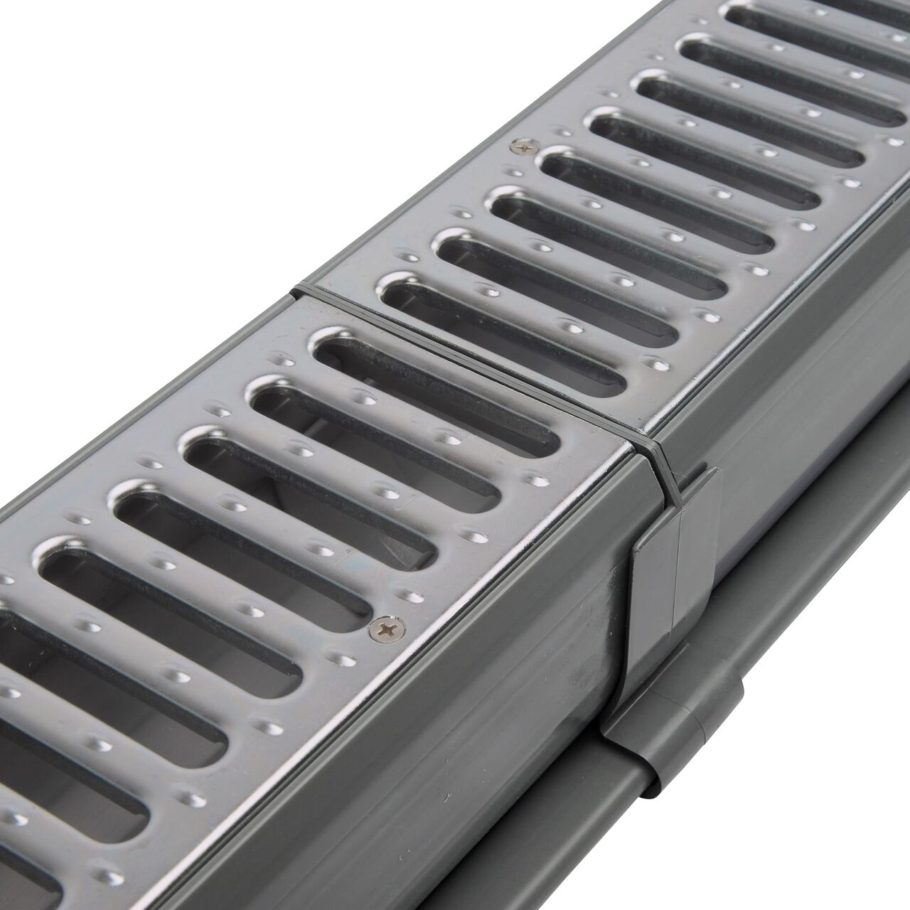 NDS Spee-D® Channel Drain Coupling (NDS 248*, NDS 248) securely connects two Spee-D® Channel Drain Assembly with Prefastened Galv. Steel Grates (NDS 400-10MTL)