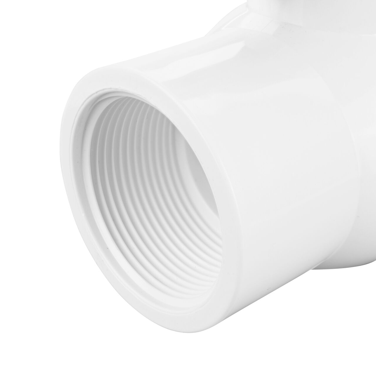 Closeup of the NDS IPS Ball Valve showing the stem that is made of durable PVC material (NDS E1320-15)