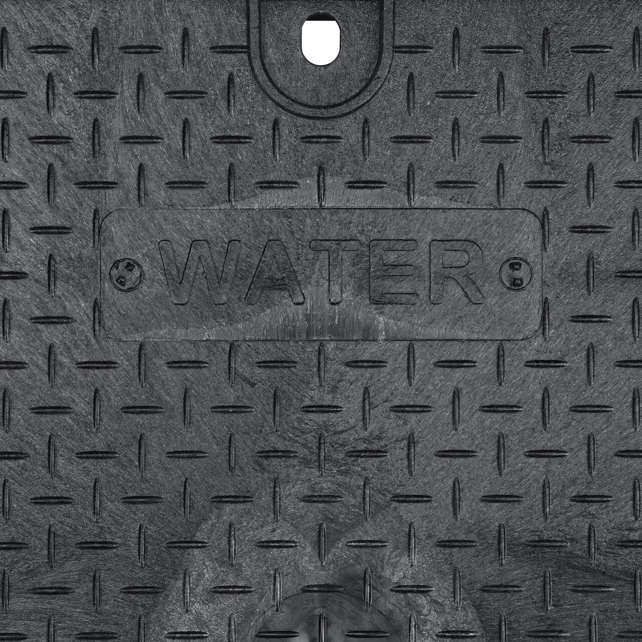 Closeup view of the Water markings on the black overlapping cover for the 14 x 19 in. Square Valve Box (NDS 113BCBW)