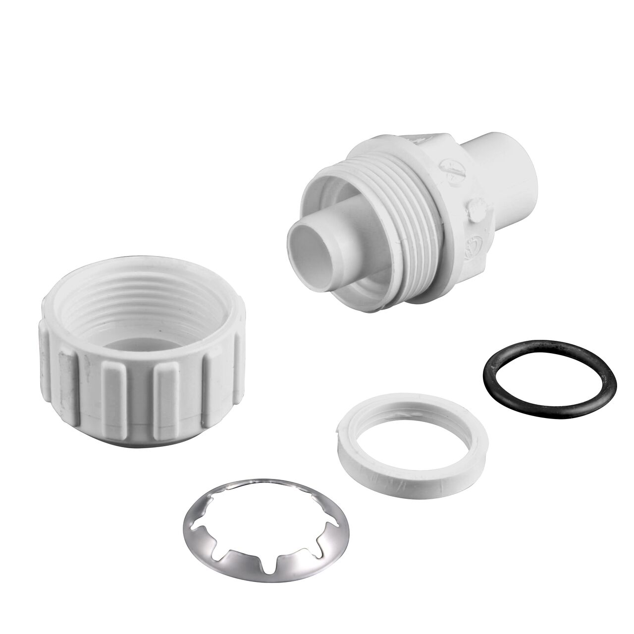 The NDS 3/4 in. IPS Spigot X 1 in. SDR-9 CTS Flo-Lock™ Gripper Adapter fully unassembled showing the steel gripper, EPDM O-Ring and stiffner (NDS 733-71)