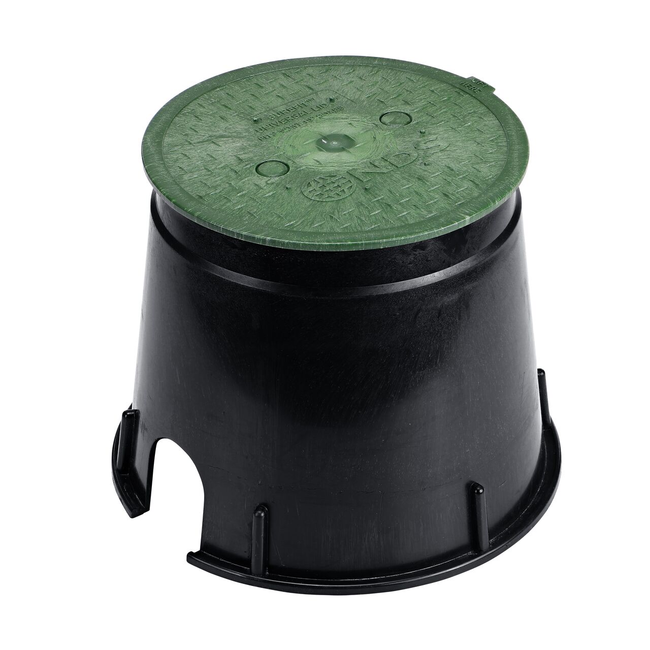 View of entire 10 in. Round SureFit Universal Valve Box Lid (NDS 10RND-UC) installed on the black 10 in. Rainbird Valve Box