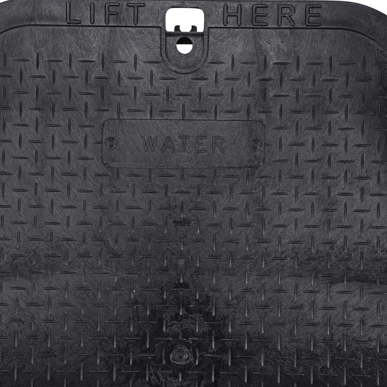 Closeup view of the water markings on the Black water cover (NDS 117CW) for the NDS 13 X 20 in. Rectangular Standard Series Jumbo Valve Box