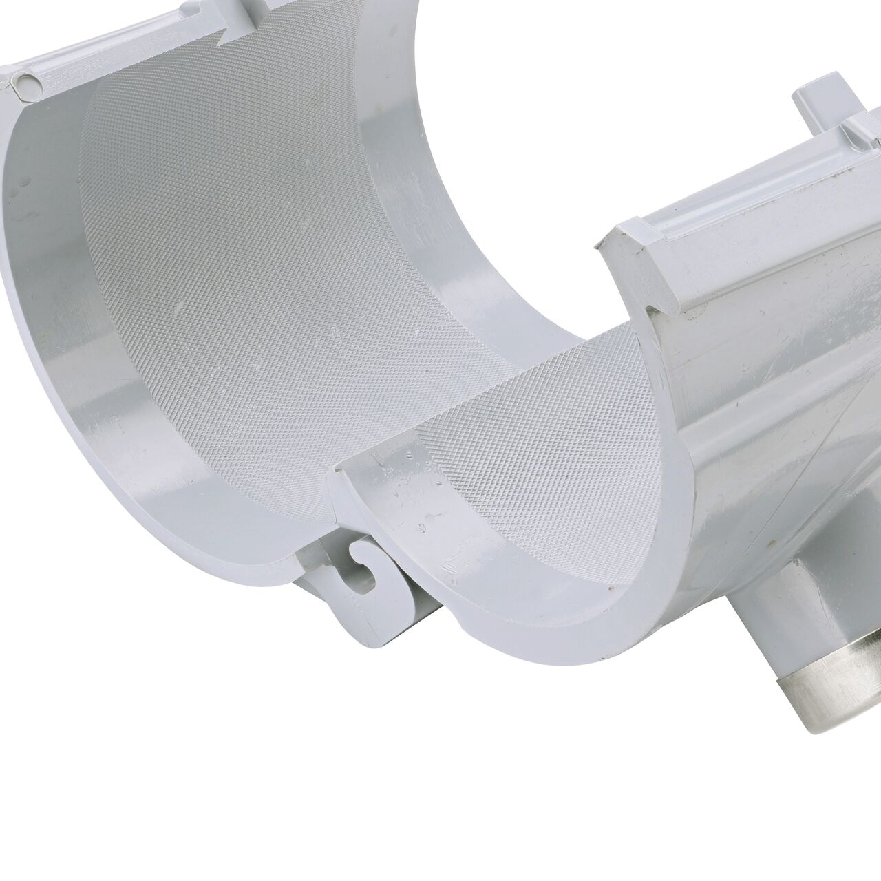 Closeup of the hinge open on the NDS Clamp-It™ Rigid PVC Saddle with 1-1/2 in. FPT connection on top (NDS 444015) for 4 in. PVC pipe